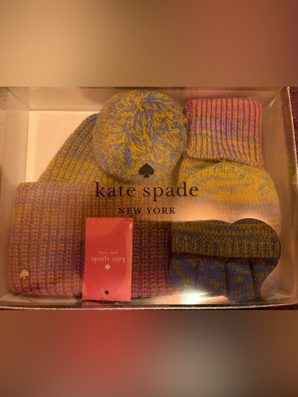 kate spade Multicolor Yellow Blue Pink Knit Beanie & Mittens Set